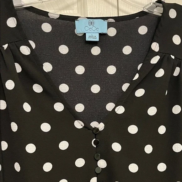 CeCe Black and White Polka Dot Blouse v neck - Picture 5 of 6